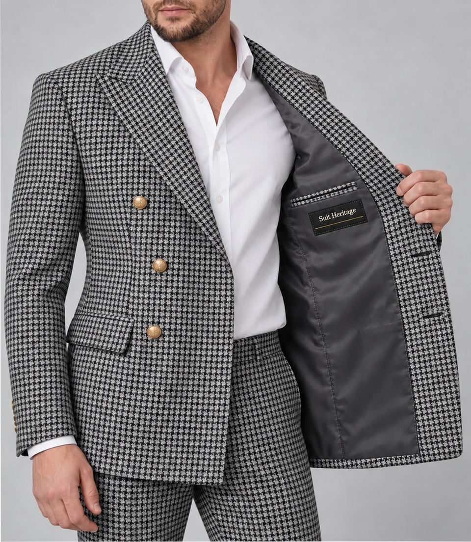 Men's White Houndstooth Double Breasted Suit Inner - Suit Heritage