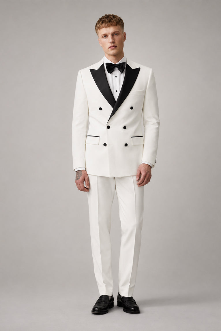 Men's White Peak Lapel Double Breasted Tuxedo - Suit Heritage