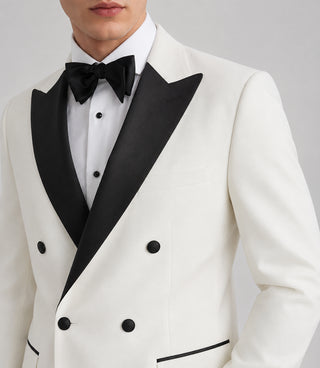 Men's White Peak Lapel Double Breasted Tuxedo Closeup - Suit Heritage
