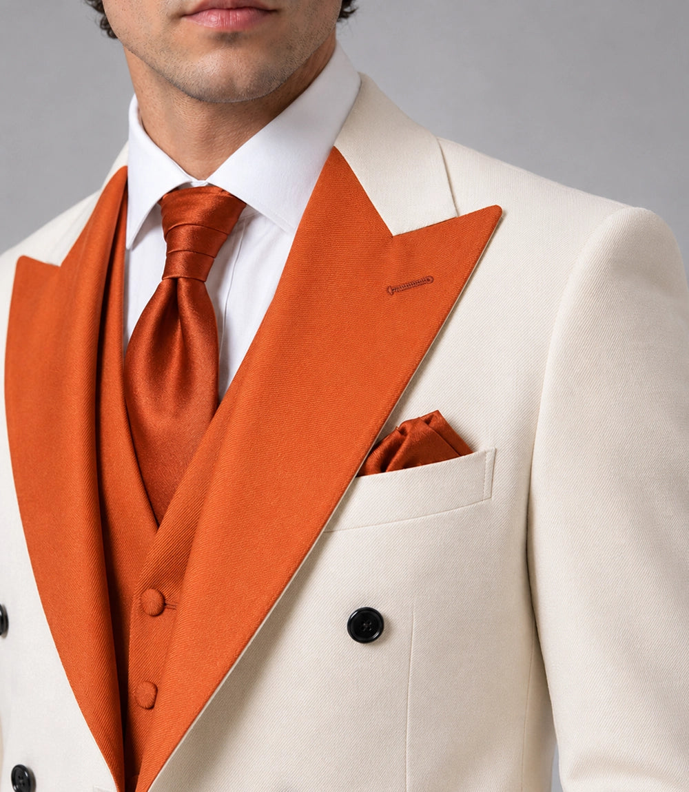 Men's White & Persimmon Wedding 3 Piece Tuxedo suit Closeup -  Suit Heritage