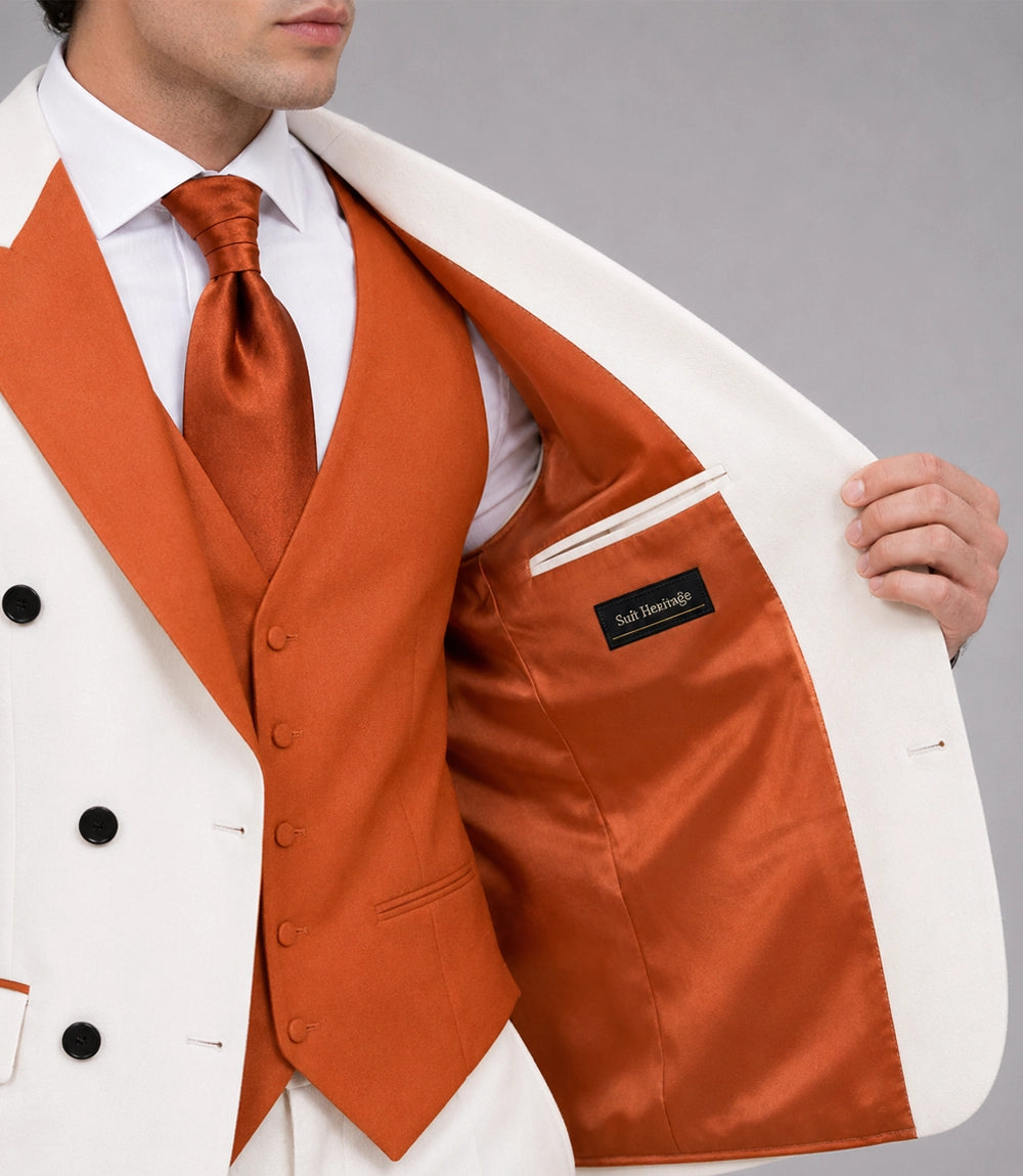 Men's White & Persimmon Wedding 3 Piece Tuxedo suit Inner -  Suit Heritage
