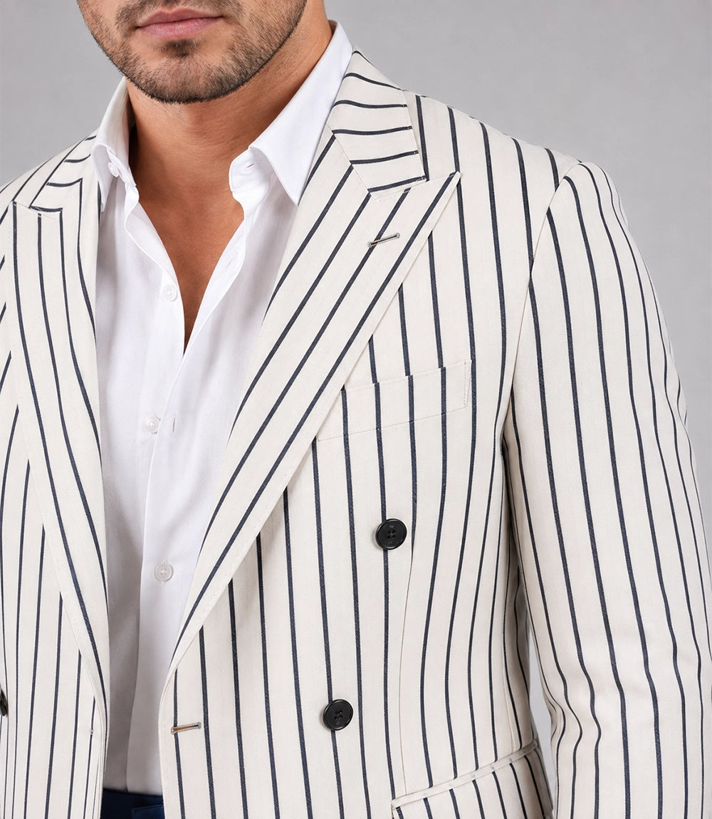 Men's White Pinstripe Double Breasted Suit Closeup - Suit Heritage