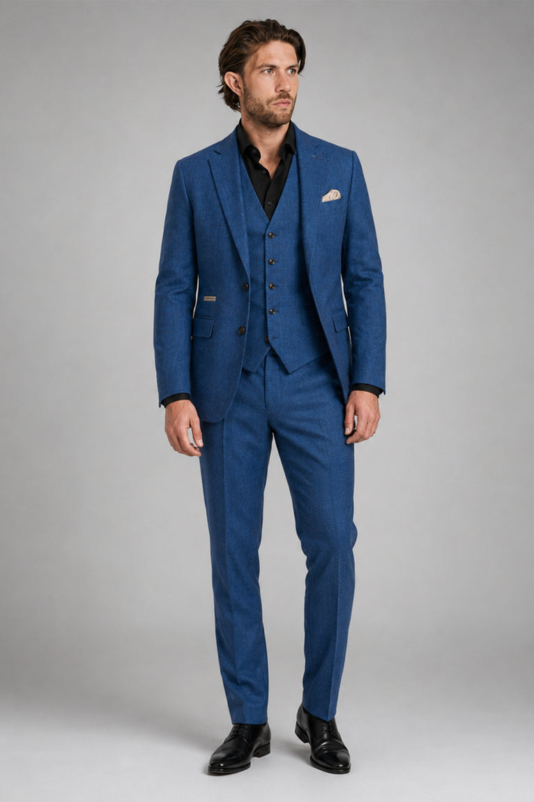 Men's Wool Plaid Blue 3 Piece Suit - Suit Heritage