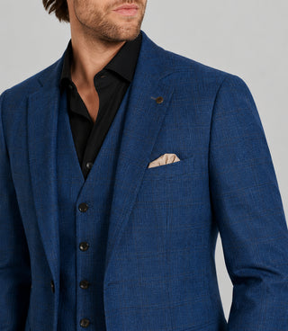 Men's Wool Plaid Blue 3 Piece Suit Closeup - Suit Heritage
