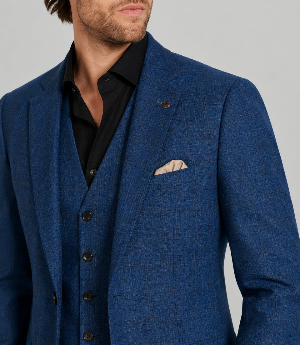 Men's Wool Plaid Blue 3 Piece Suit Closeup - Suit Heritage