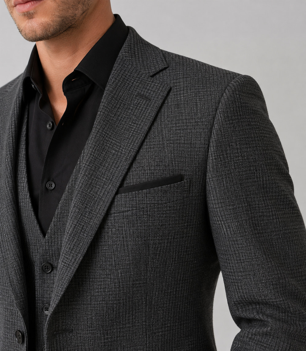 Men's Wool Plaid Grey 3 Piece Suit Closeup - Suit Heritage