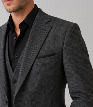 Men's Wool Plaid Grey 3 Piece Suit Closeup - Suit Heritage