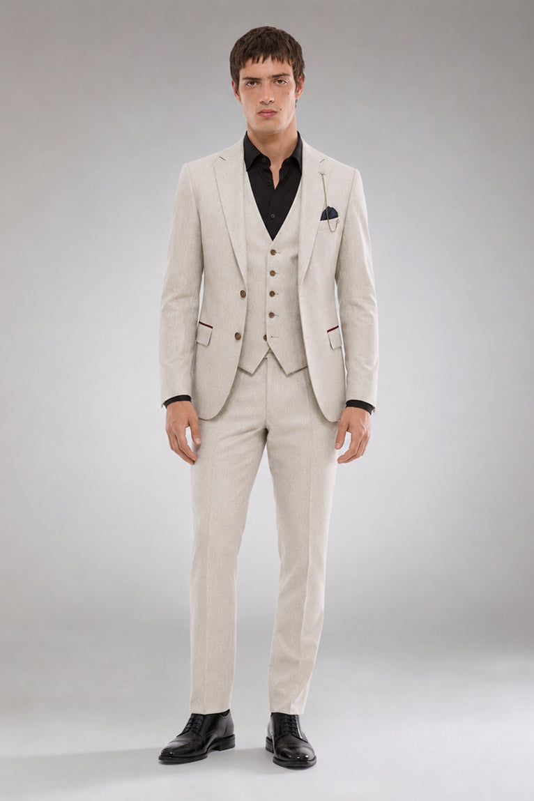 Men's Wool Solid Cream 3 Piece Suit - Suit Heritage
