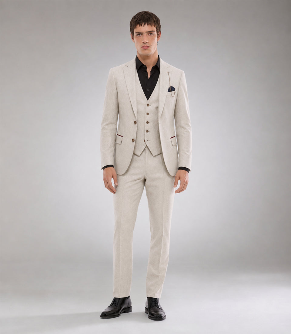 Men's Wool Solid Cream 3 Piece Suit - Suit Heritage