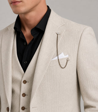 Men's Wool Solid Cream 3 Piece Suit Closeup - Suit Heritage