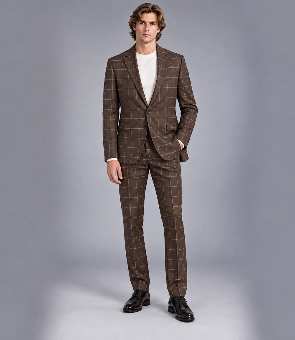 Men's Wool Windowpane Brown Casual Suit -  Suit Heritage