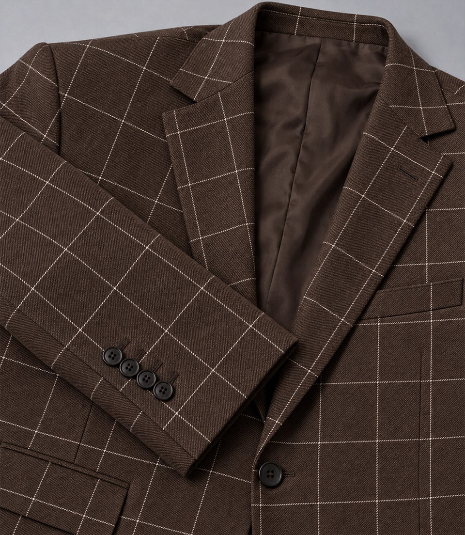 Men's Wool Windowpane Brown Casual Suit Fabric  -  Suit Heritage