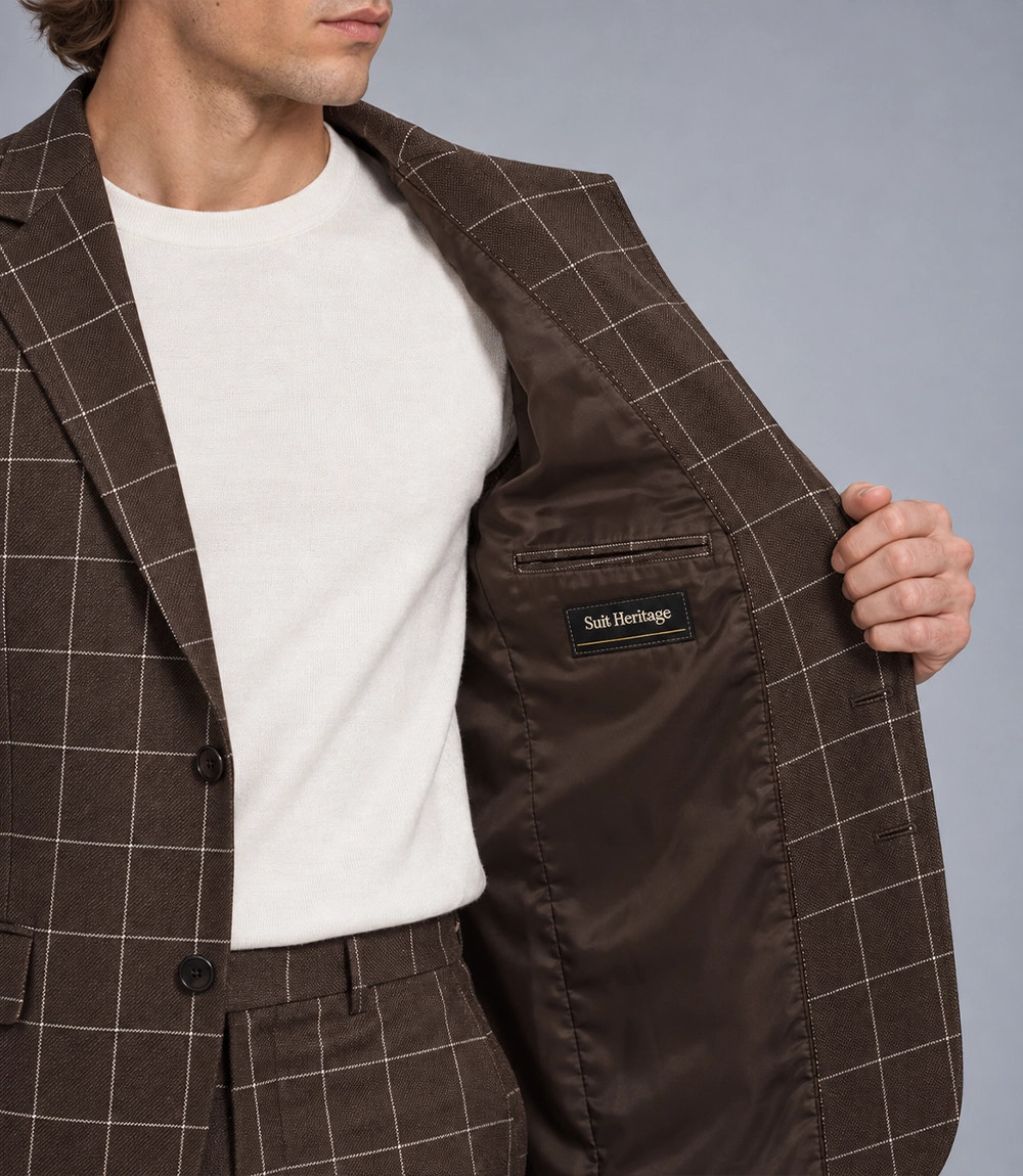 Men's Wool Windowpane Brown Casual Suit Inner  -  Suit Heritage