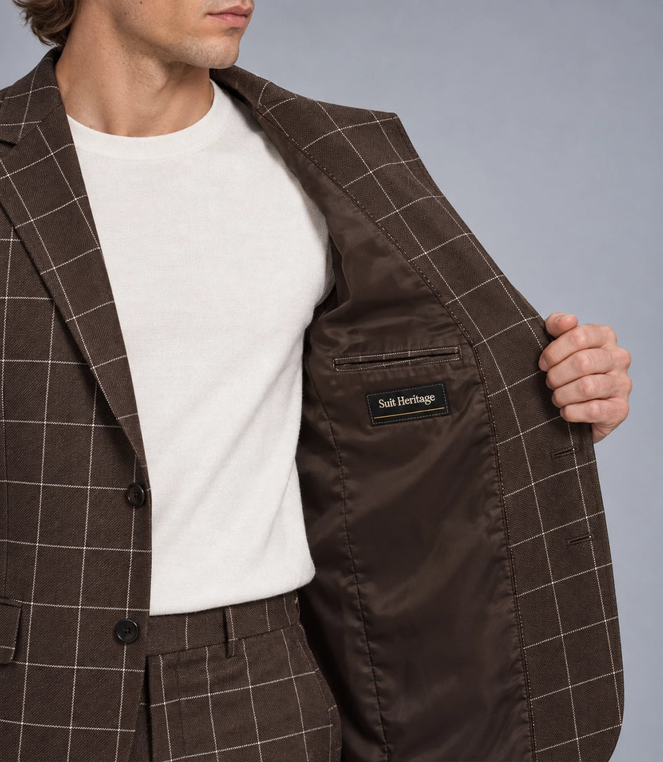 Men's Wool Windowpane Brown Casual Suit Inner  -  Suit Heritage