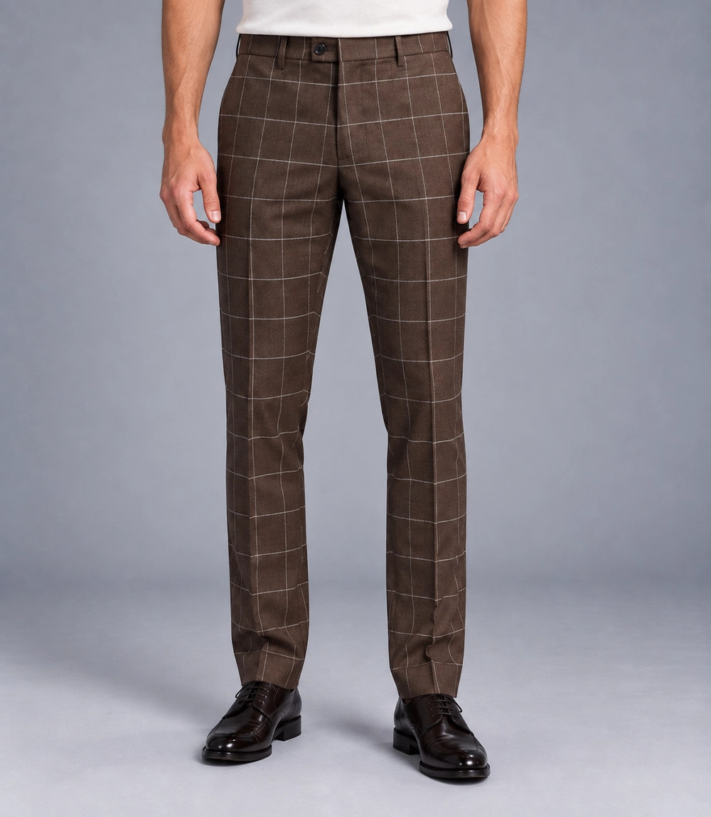 Men's Wool Windowpane Brown Casual Suit Pant  -  Suit Heritage