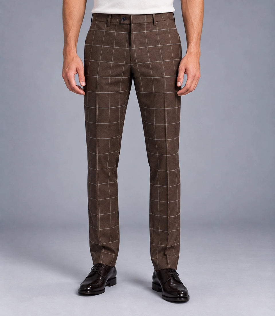 Men's Wool Windowpane Brown Casual Suit Pant  -  Suit Heritage