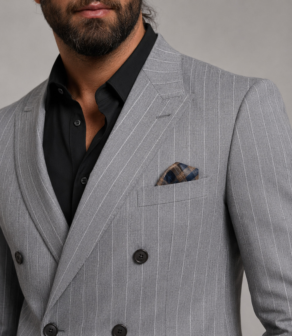 Men's Gray Pinstripe Double Breasted 2 Piece Suit Closeup - Suit Heritage