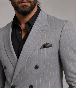 Men's Gray Pinstripe Double Breasted 2 Piece Suit Closeup - Suit Heritage