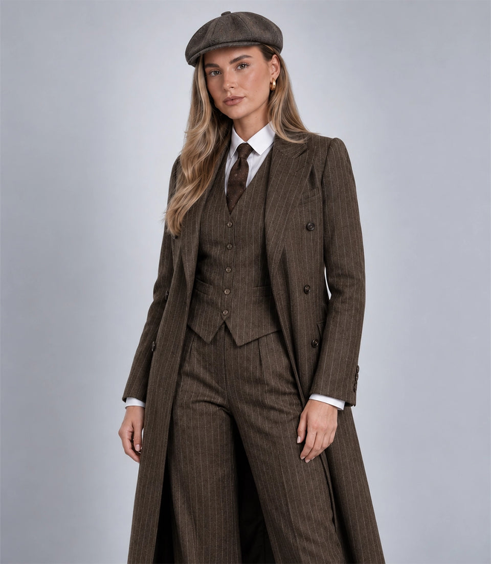 Shop 1920s Women's Peaky Blinder Brown Pinstripe Overcoat - Suit Heritage