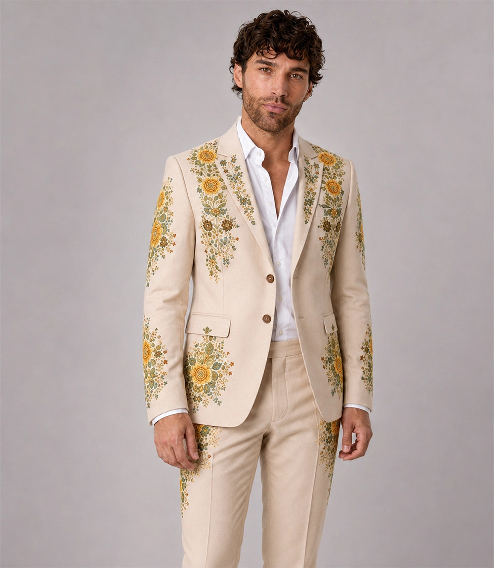 Shop Men's Beige Floral Embroidery Suit - Suit Heritage