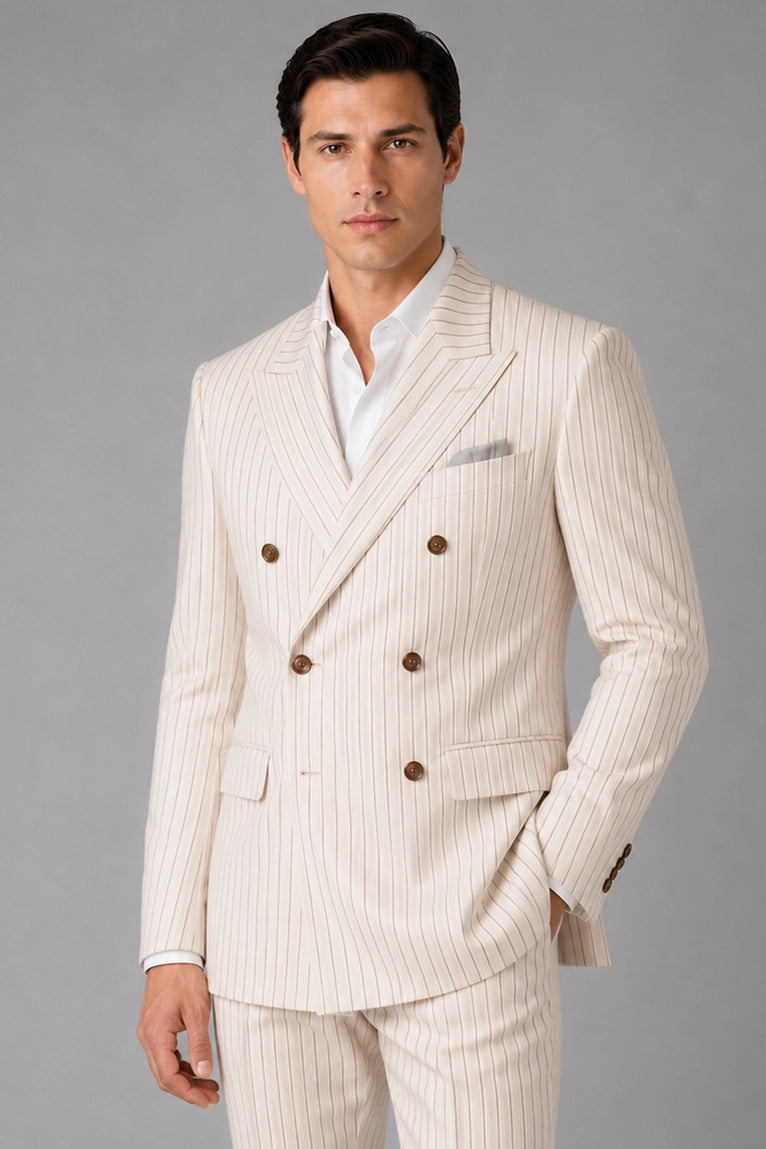Shop Men's Beige Pinstripe Double Breasted Groom Suit -  Suit Heritage