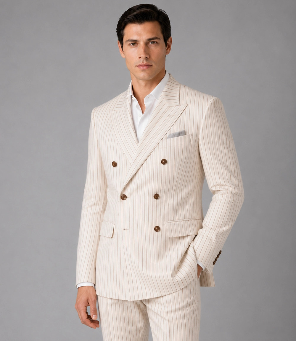 Shop Men's Beige Pinstripe Double Breasted Groom Suit -  Suit Heritage