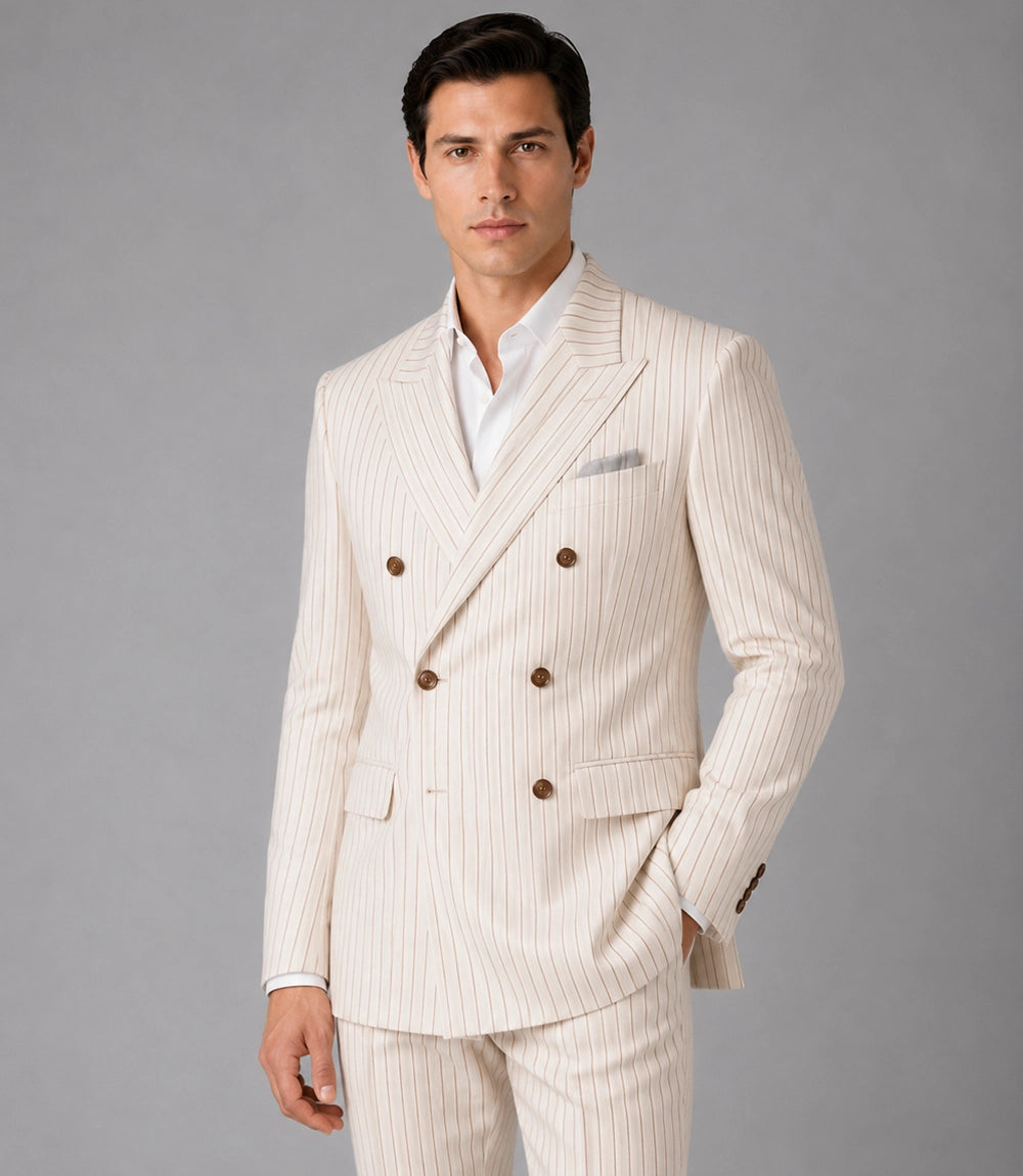 Shop Men's Beige Pinstripe Double Breasted Groom Suit -  Suit Heritage