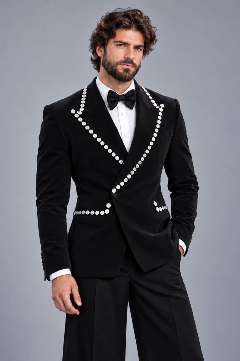 Shop Men's Black Crystal Embellished Wide Leg Tuxedo   -  Suit Heritage