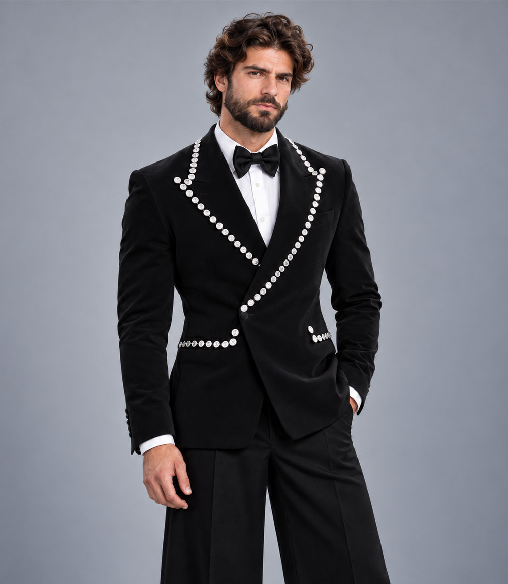 Shop Men's Black Crystal Embellished Wide Leg Tuxedo   -  Suit Heritage