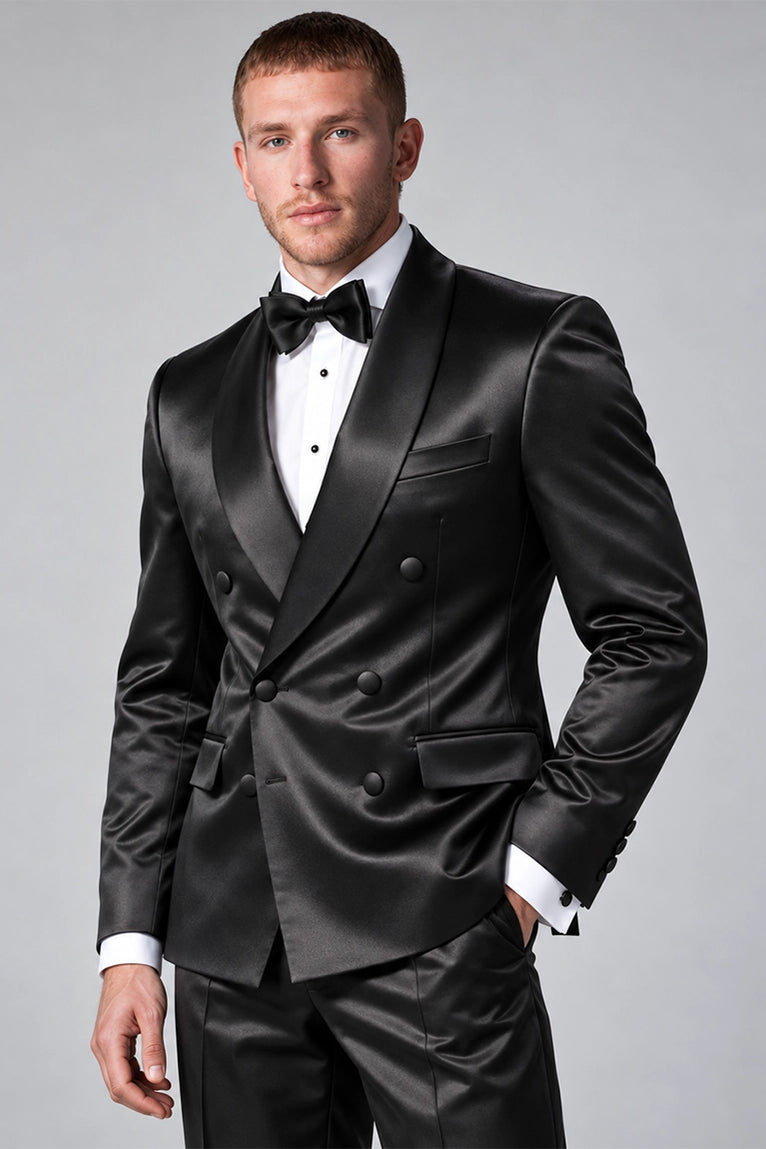 Shop Men's Black Satin Double Breasted Tuxedo - Suit Heritage