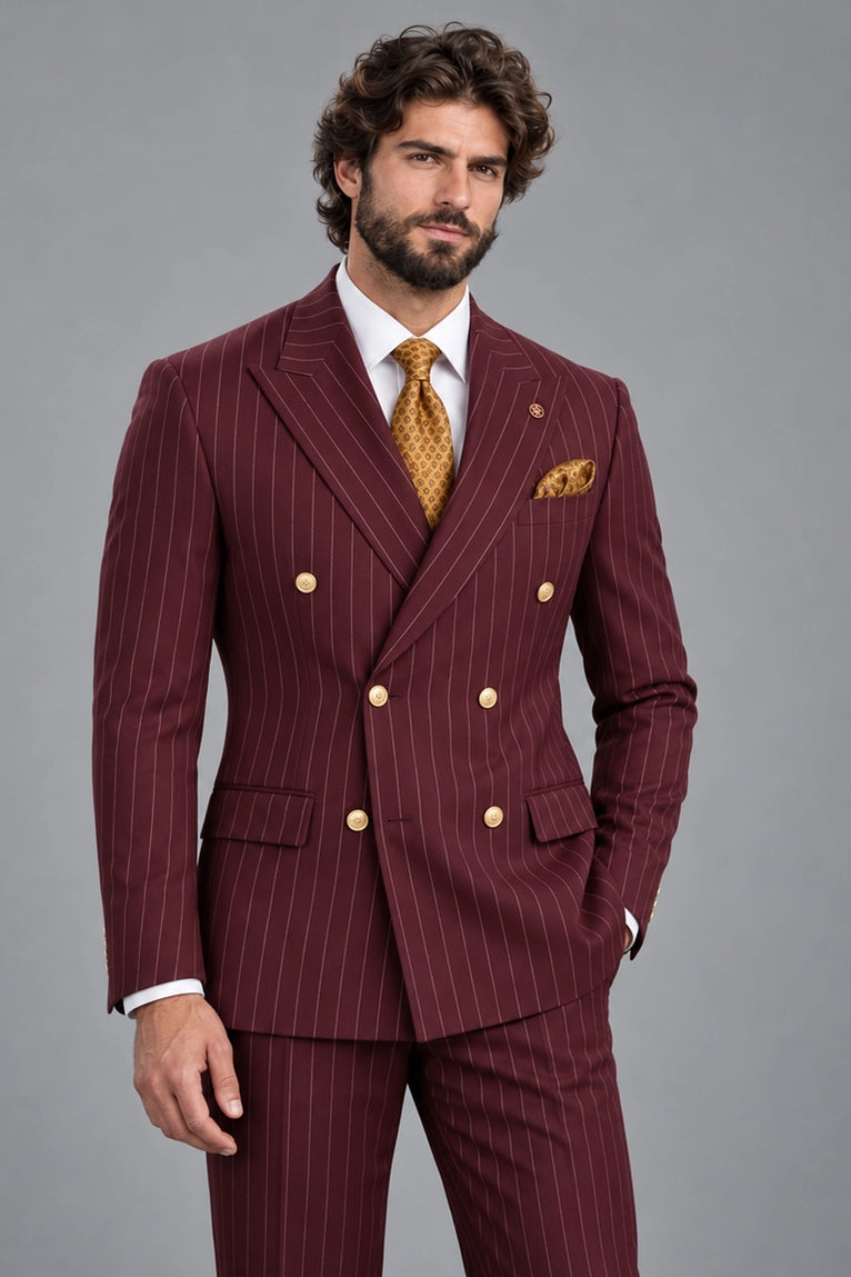 Shop Men's Burgundy Pinstripe Double Breasted Suit  -  Suit Heritage