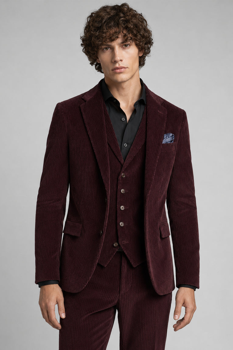 Shop Men's Corduroy Solid Burgundy 3 Piece Suit - Suit Heritage
