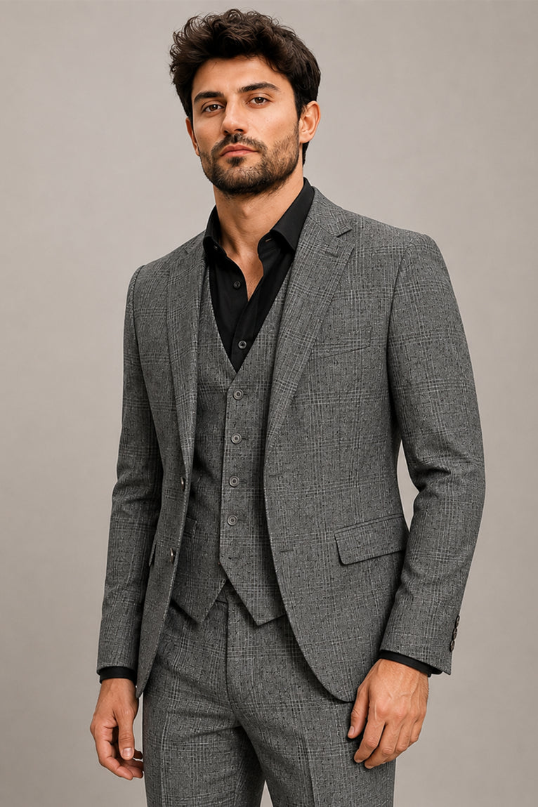 Shop Men's Cotton Check Grey 3 Piece Suit - Suit Heritage