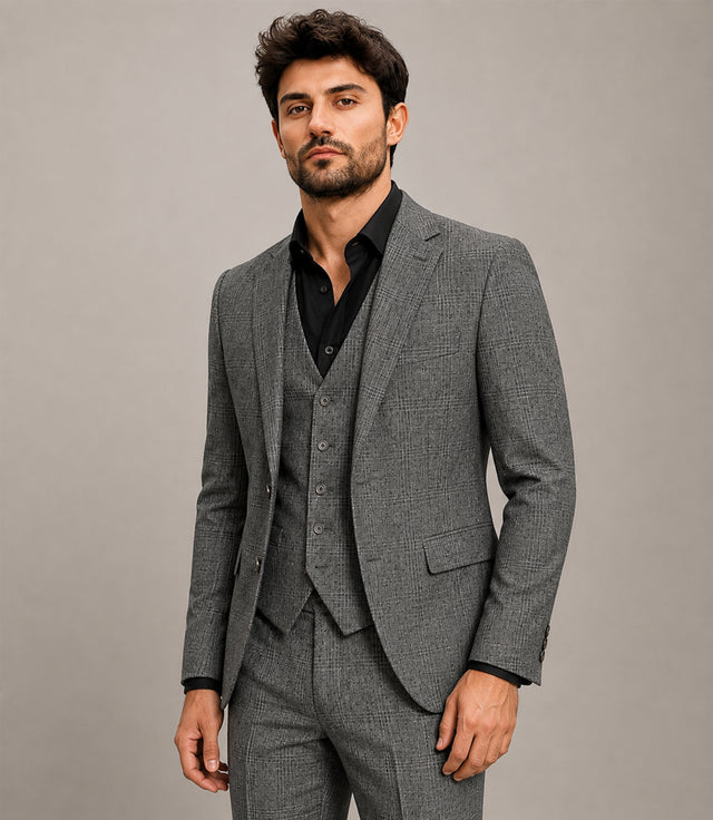 Shop Men's Cotton Check Grey 3 Piece Suit - Suit Heritage