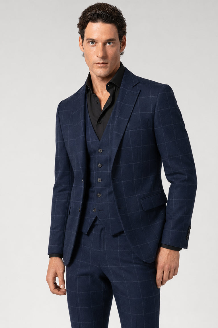 Shop Men's Cotton Windowpane Navy 3 Piece Suit - Suit Heritage
