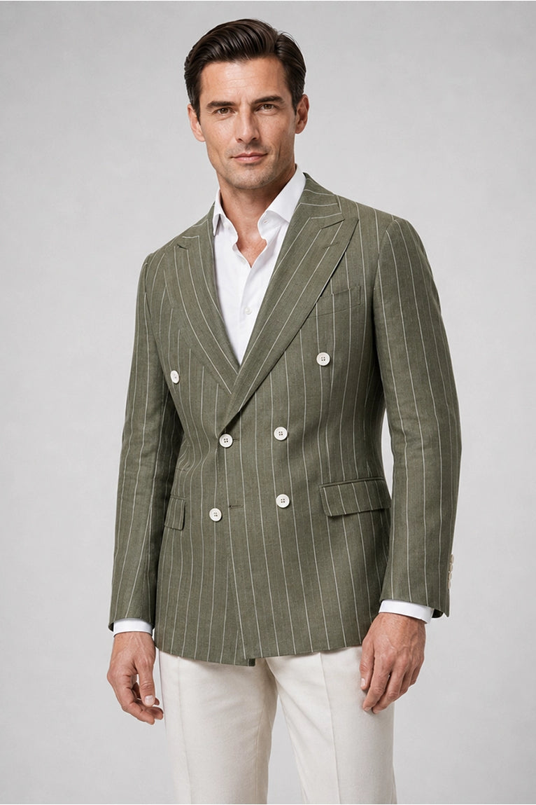 Shop Men's Green and Beige Double Breasted Pinstripe Suit - Suit Heritage