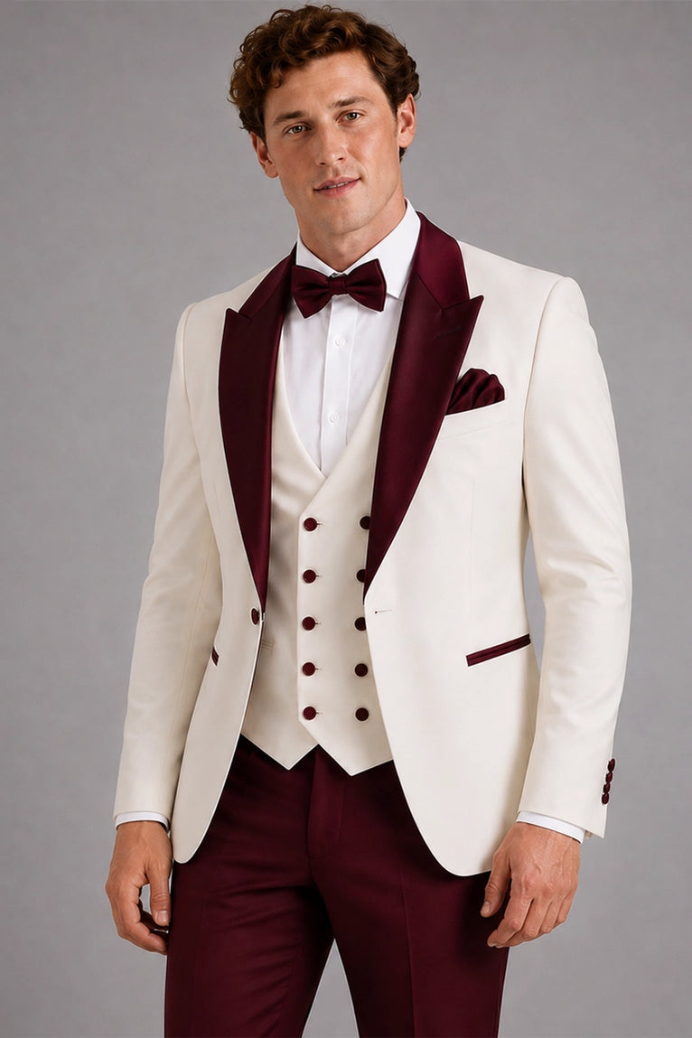 Shop Men's Ivory and Burgundy 3 Piece Wedding Tuxedo - Suit Heritage