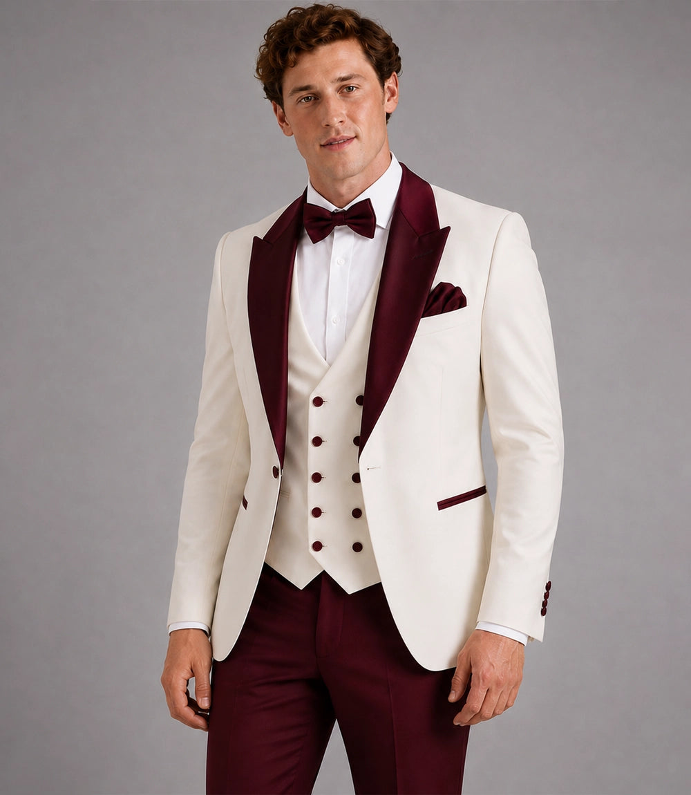 Shop Men's Ivory and Burgundy 3 Piece Wedding Tuxedo - Suit Heritage