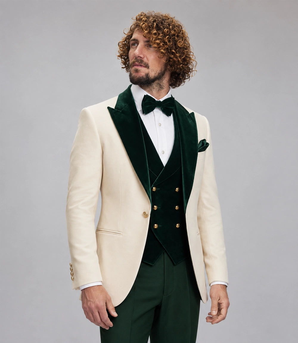 Shop Men's Ivory and Green Velvet 3 Piece Wedding Suit - Suit Heritage