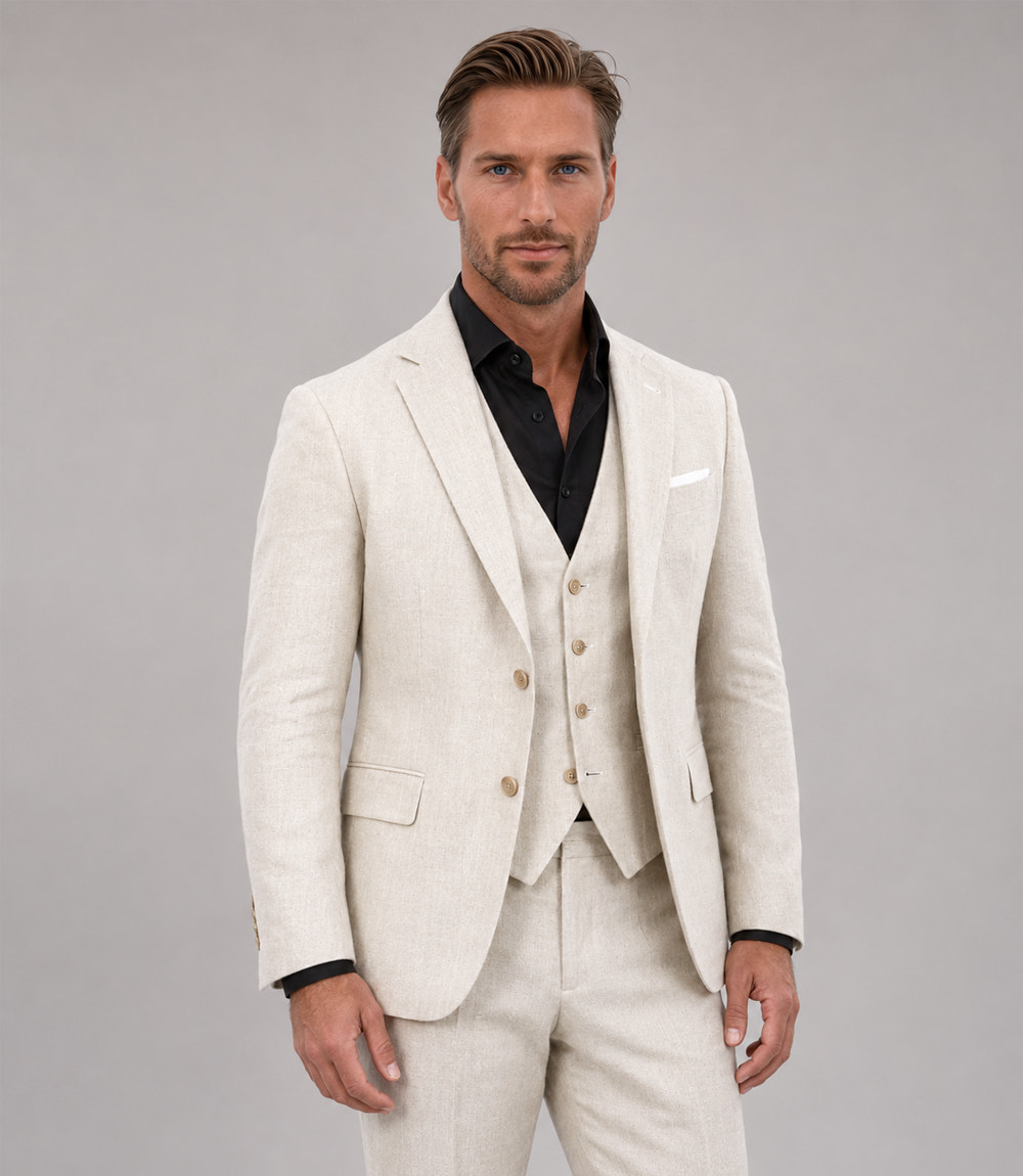 Shop Men's Linen Solid Cream 3 Piece Suit - Suit Heritage