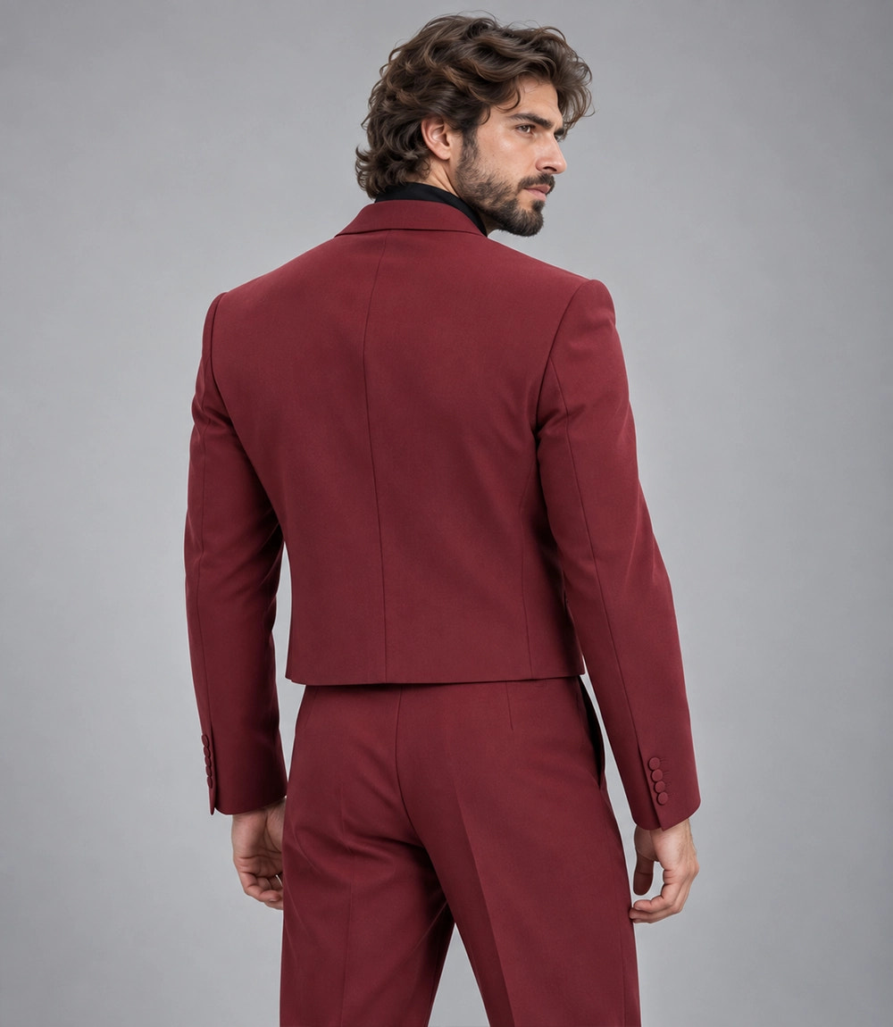 Shop Men's Maroon Cropped Double Breasted Wedding Suit Back - Suit Heritage