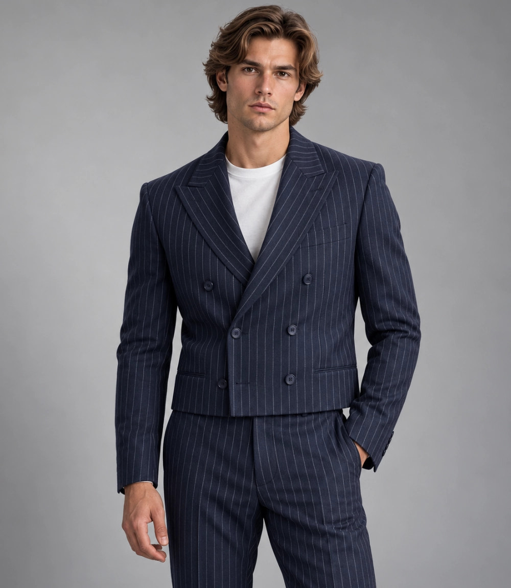 Shop Men's Navy Blue Pinstripe Cropped Suit -  Suit Heritage