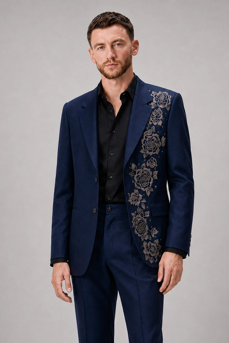 Shop Men's Navy Nocturne Rose Hand Embroidered Suit - Suit Heritage