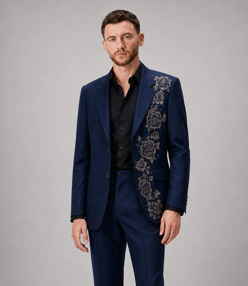 Shop Men's Navy Nocturne Rose Hand Embroidered Suit - Suit Heritage