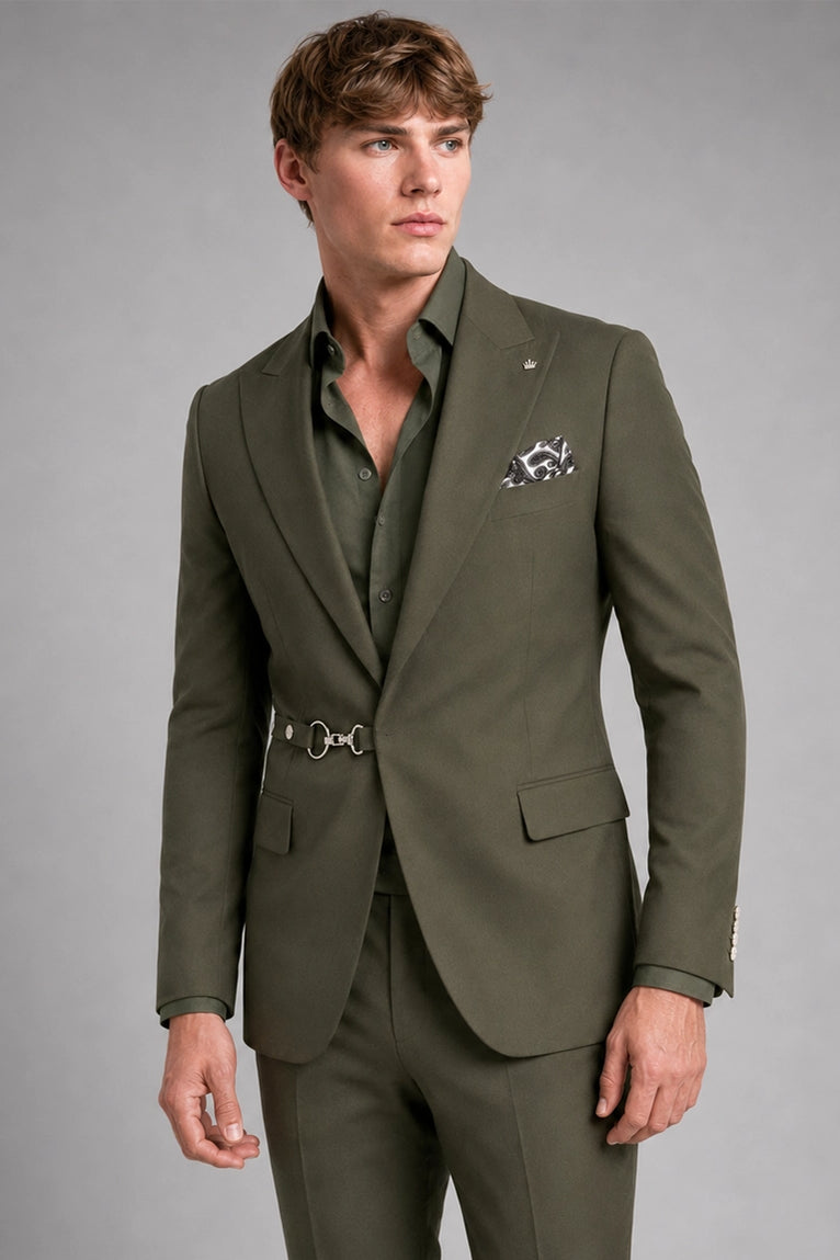 Shop Men's Olive 2 Piece Suit With Metal Ring -  Suit Heritage
