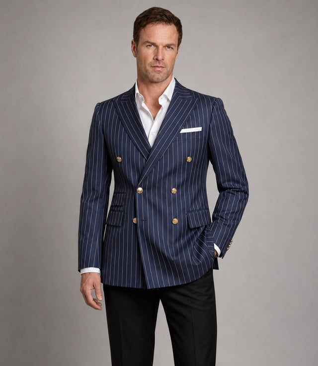 Shop Men's Pinstripe  Navy Blue Double Breasted Suit - Suit Heritage