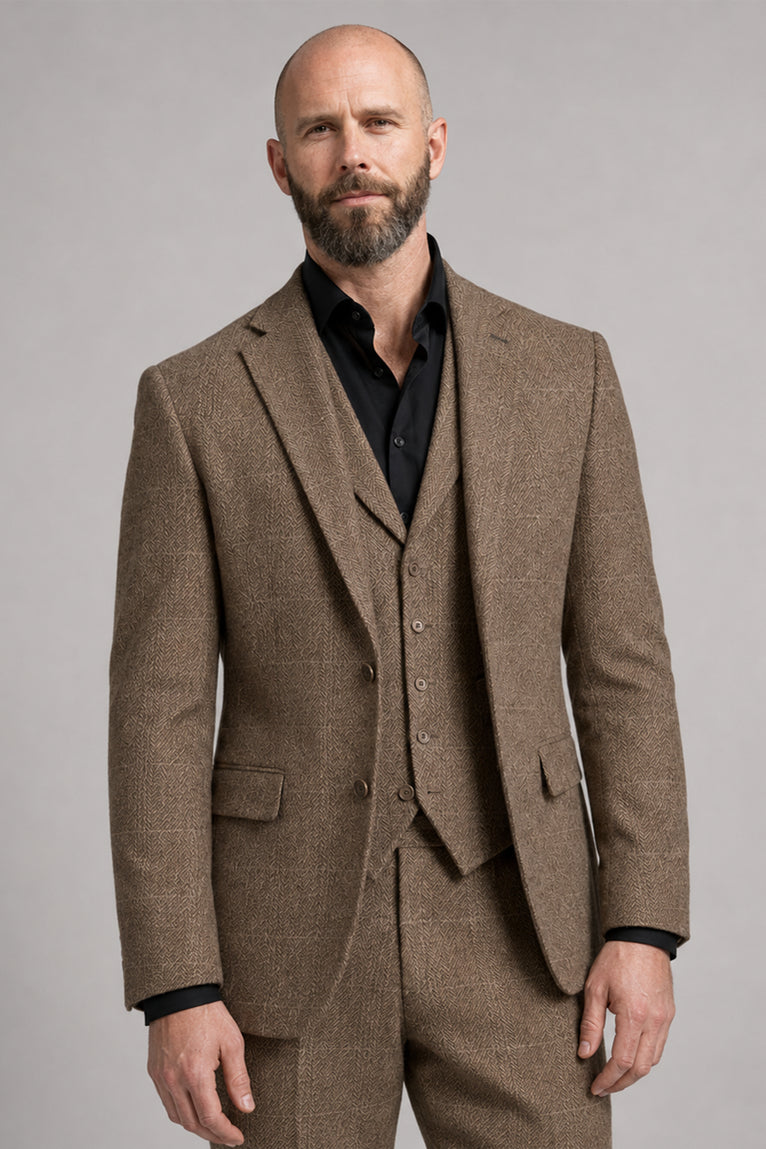 Shop Men's Tweed Herringbone Brown 3 Piece Suit - Suit Heritage