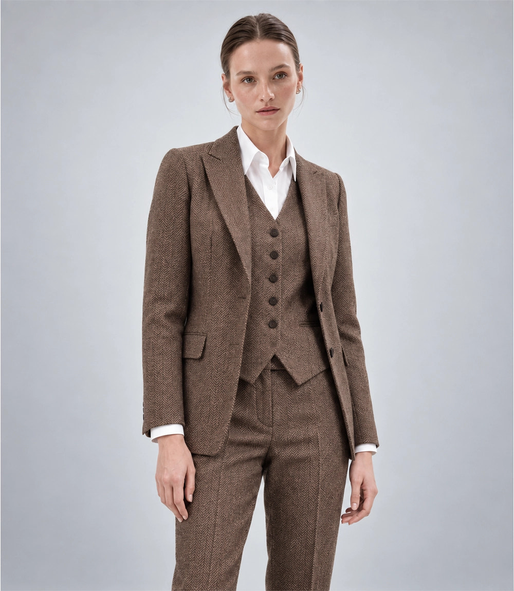 Shop Women's Brown Tweed Herringbone 3 Piece Suit - Suit Heritage
