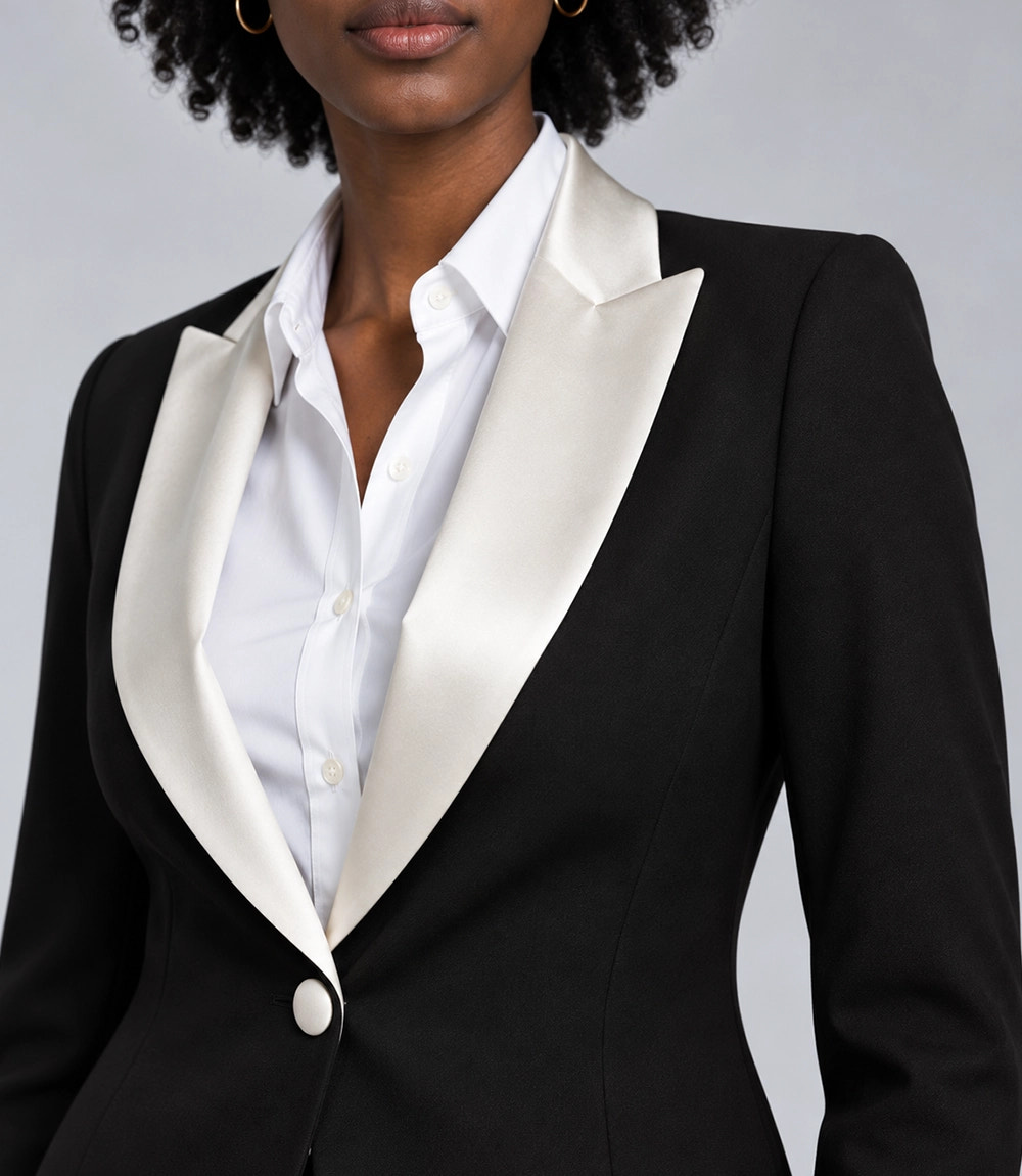 Women's Black Contrast Lapel Tuxedo Closeup -  Suit Heritage
