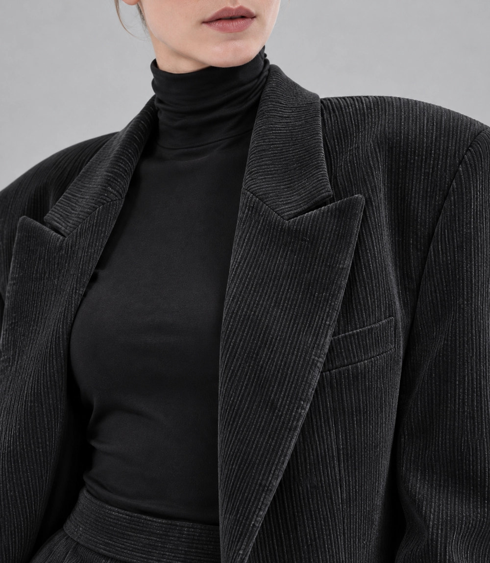 Women's Black Corduroy Baggy Suit Closeup -  Suit Heritage